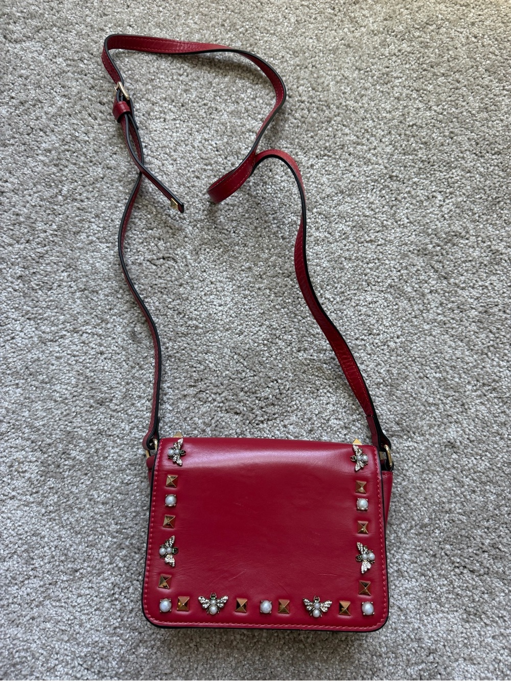 Uterque Red Leather Crossbody with Jewel and Stud Embellishments